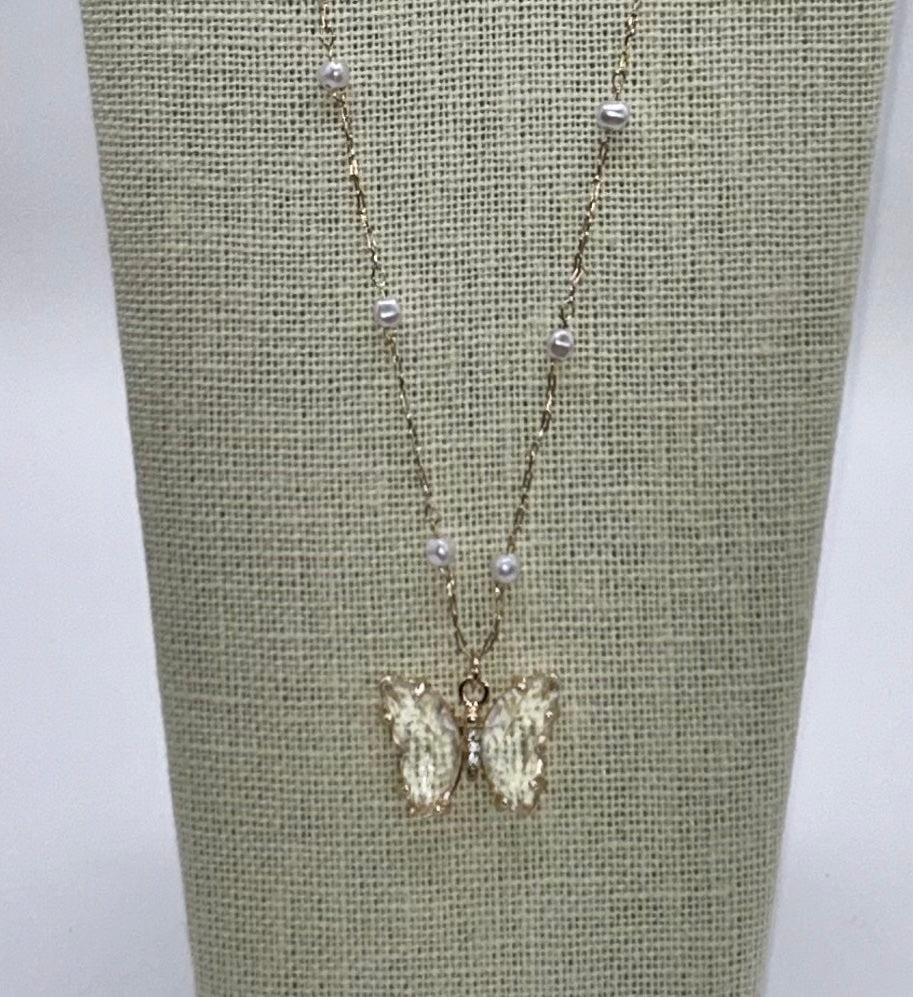 Clear Crystal and Pearl Butterfly Necklace