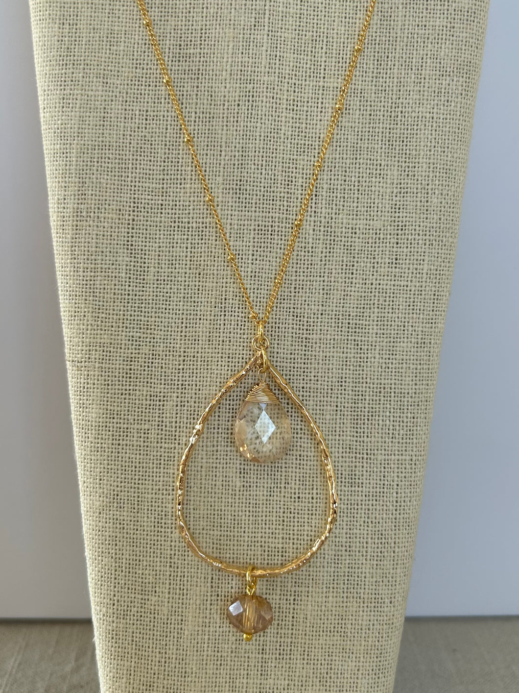 Gold Hammered Teardrop Necklace with Crystals