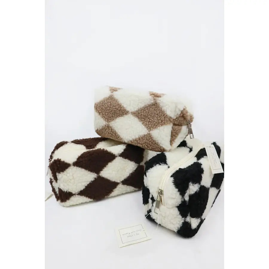 Plush Checkered Makeup Pouch